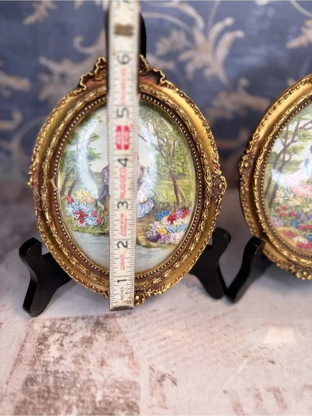 Vintage Courting Couple Silk Embroidery Convex Glass Wall Art Set 2